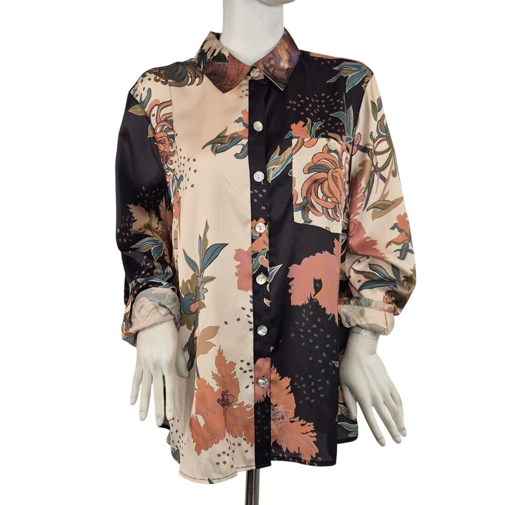 John Mark Women's Tunic Shirt Size  PXL Boho Mixed Pattern Blouse Floral Brown